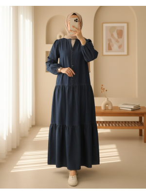 Yarım Düğmeli Kolu Lastikli Yarasa Kol Kot Elbise  -Laci