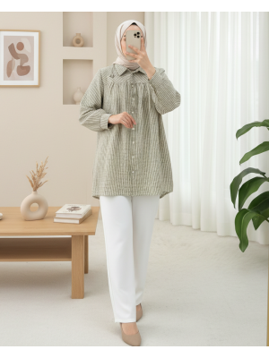 Üstü Taş Ve Boncuk Detaylı Çizgili Gömlek -Vizon