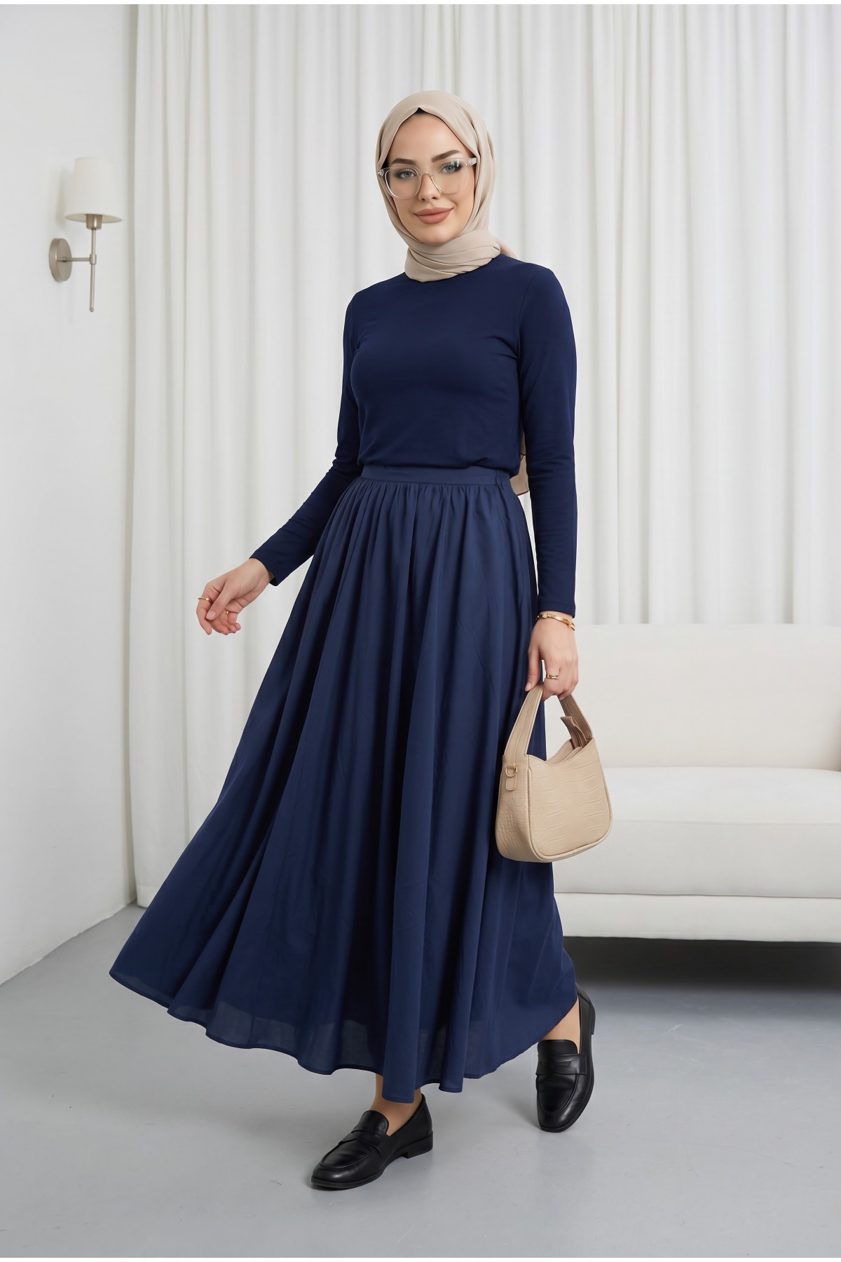 Lined, Zippered Summer Flared Linen Skirt  -Navy blue