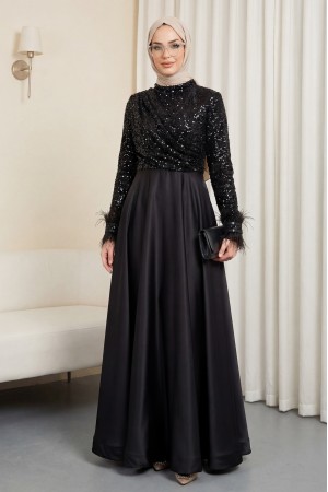 Üstü Pul Payet Kolları Tüylü Eteği Saten Abiye -Siyah