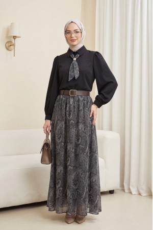 Boydan Düğmeli Kolları Büzgü Detay Eteği Etnik Desenli Takım -Siyah