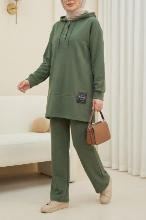 Çıtçıtlı  Arma Detaylı İkili Penye Takım  -Haki