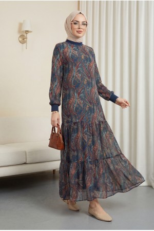 Etnik Desen Eteği Parçalı Astarlı Şifon Elbise -Zümrüt