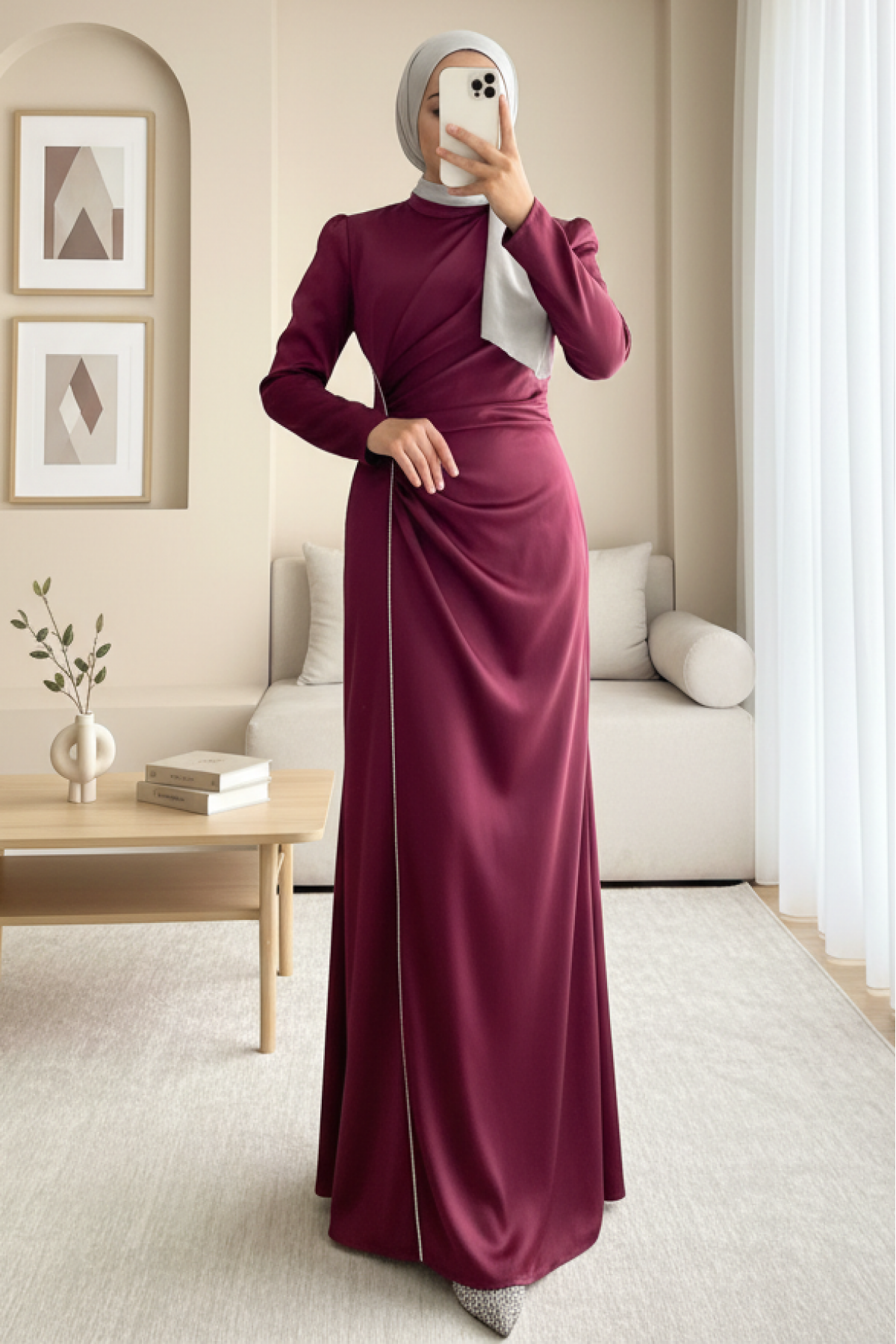Stone-Striped, Draped-Waist Satin Evening Dress -Maroon