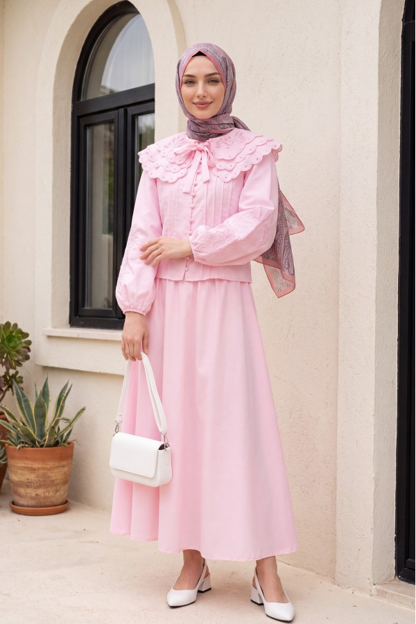 Geniş Yakalı Bağlamalı Kolu Lastikli Eteği Astarlı Poplin Takım  -Pembe