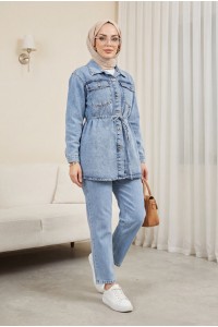 Serpme Taşlı Düğmeli Ceket Pantolon Kot Takım  -Buz Mavi