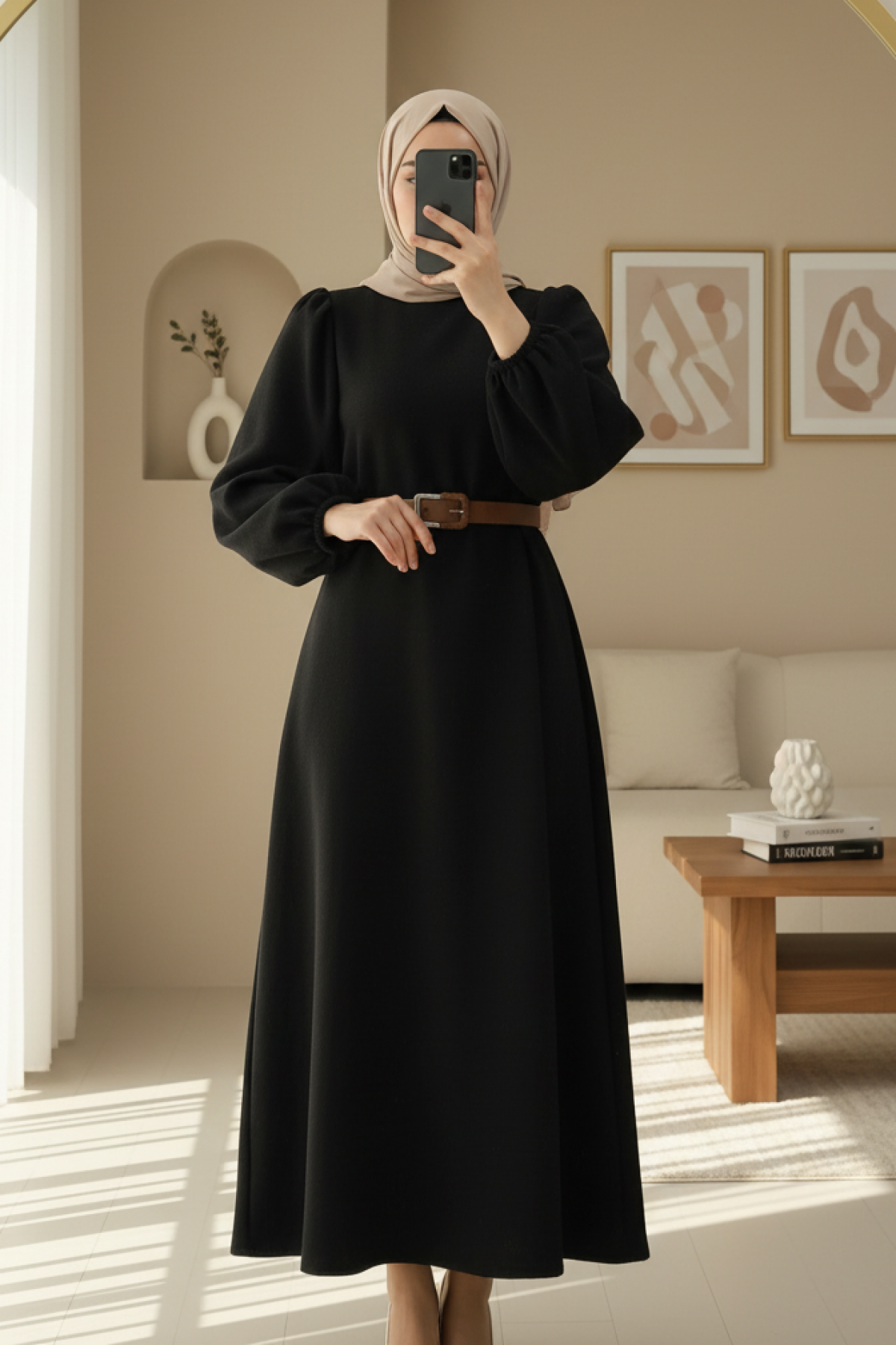 Thick  Belted Balloon Sleeve Selanik Dress -Black