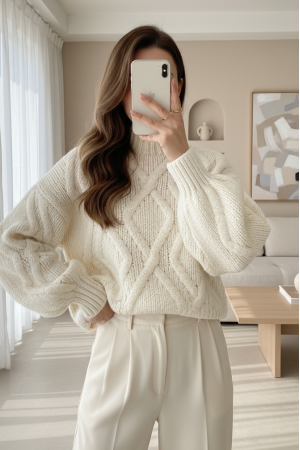 Yarım Boğazlı Balon Kol Kışlık Kazak       -Beyaz