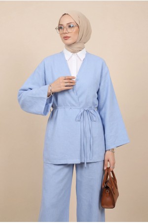 Front Tie Trouser Kimono Set   -Baby Blue