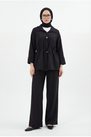 Tünel Bağcıklı Beli Lastikli Pantolonlu Pamuklu Krinkıl Takım -Siyah