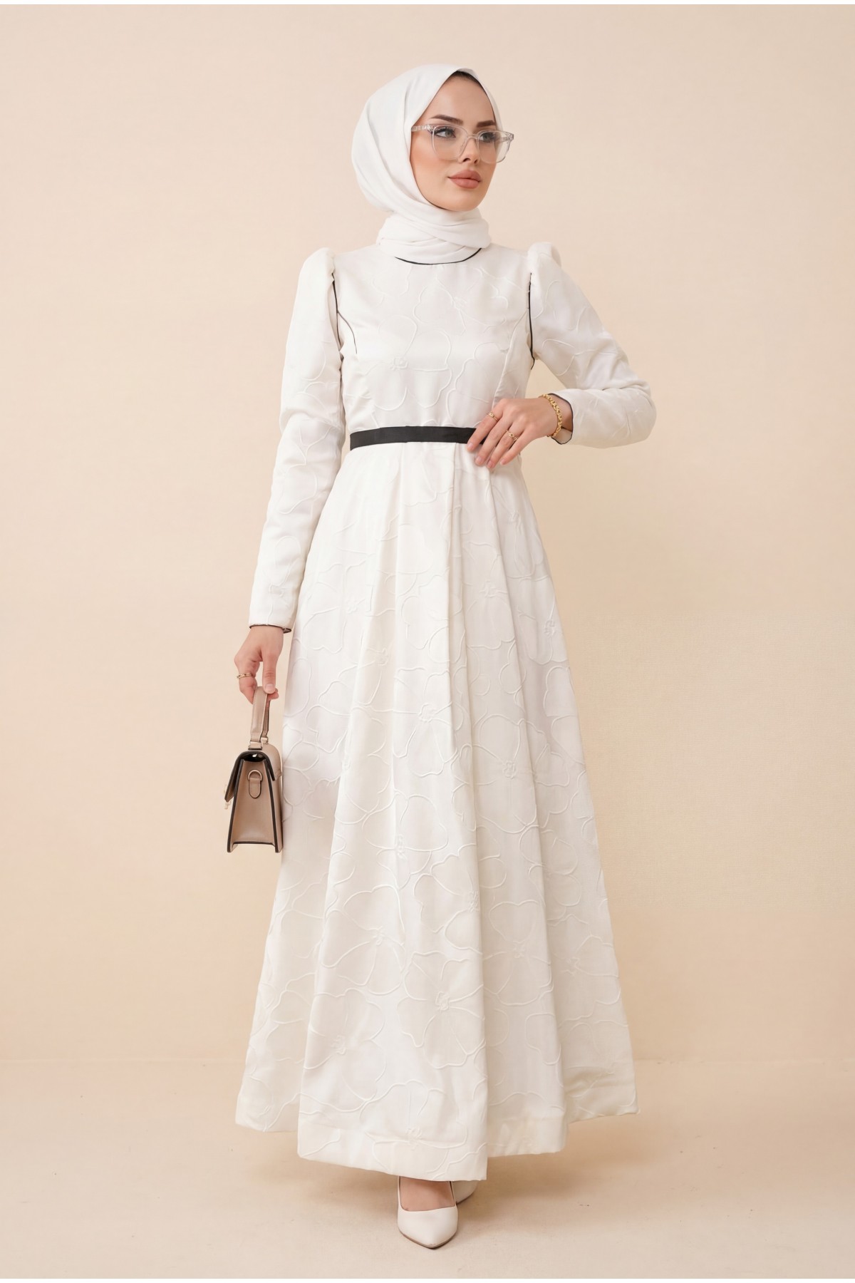 Kaftan evening dress with a cool print and a belted balloon skirt  -White