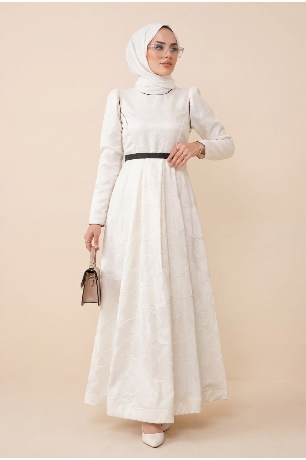 Kaftan evening dress with a cool print and a belted balloon skirt  -White