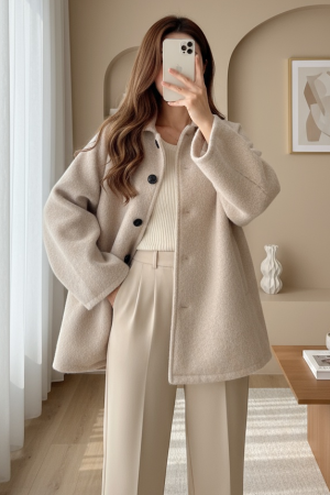 Çift Cepli Önü Düğmeli Astarlı Buklet Kaban -Bej