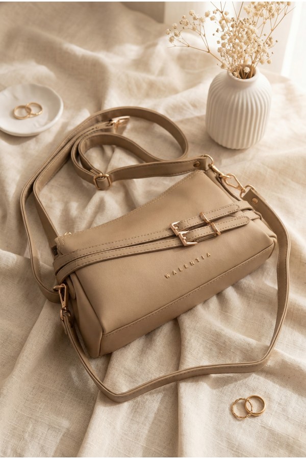 Women's Long-Strap Bag with Front Belt Detail -Mink color