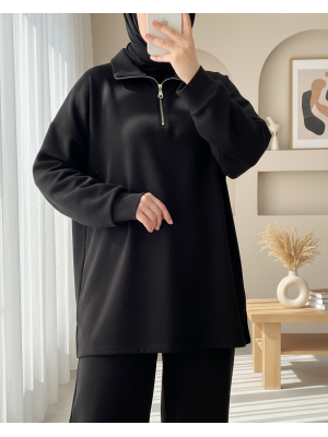 Yarım Fermuarlı Bol Paça Pantolonlu Oysho Takım -Siyah