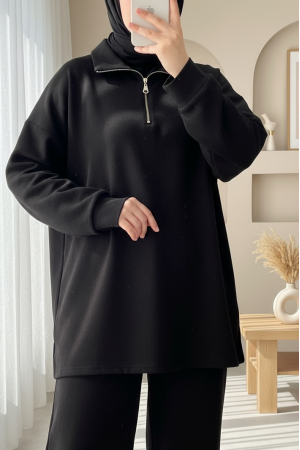 Yarım Fermuarlı Bol Paça Pantolonlu Oysho Takım -Siyah