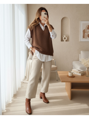 V-neck Solid Brass Knitted Long Sweater with Ribbing -Dark Coffee