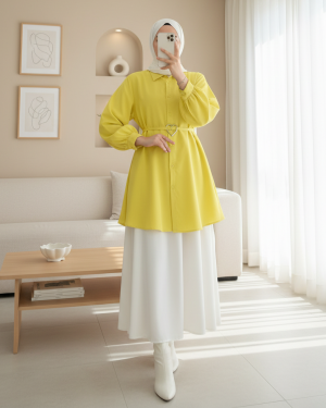 Parça Kumaşlı Düğmeli Poplin Tunik     -Sarı