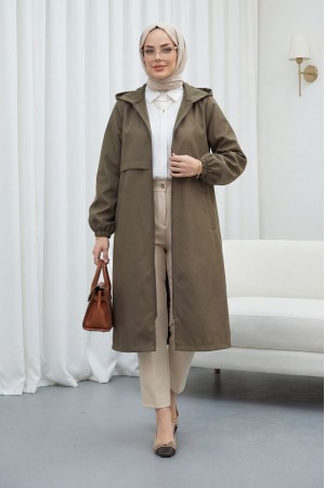 Boydan Fermuarlı Kapşonlu Uzun Yağmurluk  -Kahve