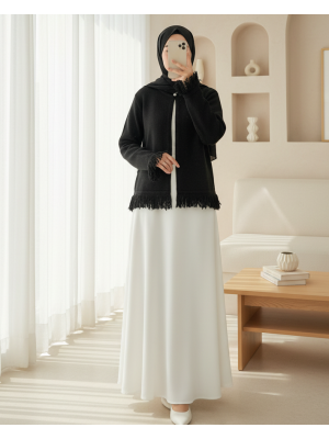 Tek Düğmeli Saçaklı Yumoş Triko Hırka  -Siyah