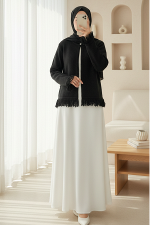 Tek Düğmeli Saçaklı Yumoş Triko Hırka  -Siyah