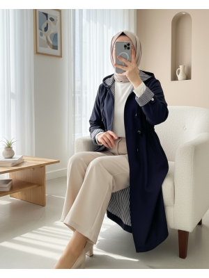 Elastic Waist Folded Arms Hooded Trench Coat -Navy blue