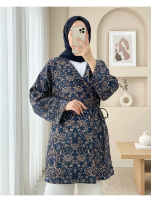 Beli Bağlamalı Cepli Desenli Astarlı Kapitone Kimono -Laci