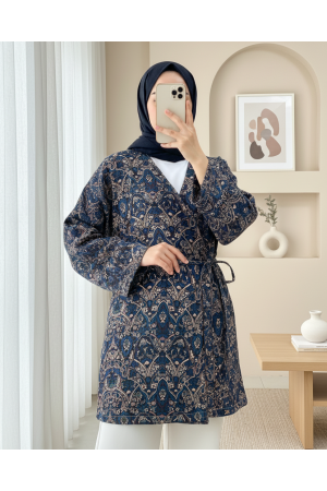 Beli Bağlamalı Cepli Desenli Astarlı Kapitone Kimono -Laci