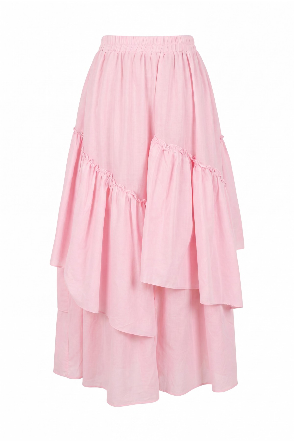Asymmetrical, Ruffled, Lined Voile Skirt with Elastic Waistband -Pink detay görseli