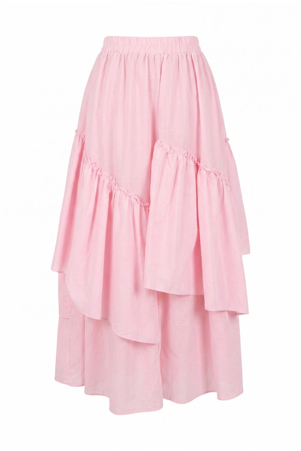 Beli Lastikli Asimetrik Fırfırlı Astarlı Vual Etek -Pembe