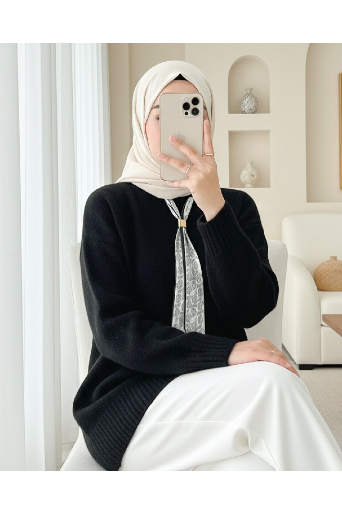 سترة محبوكة ناعمة مع وشاح -أسود