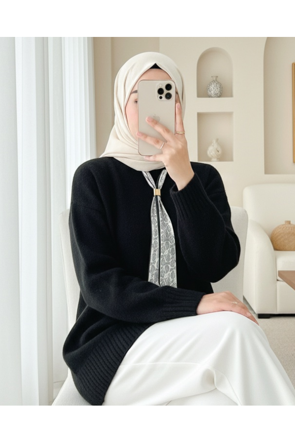 Fularlı Yumoş Triko Kazak -Siyah