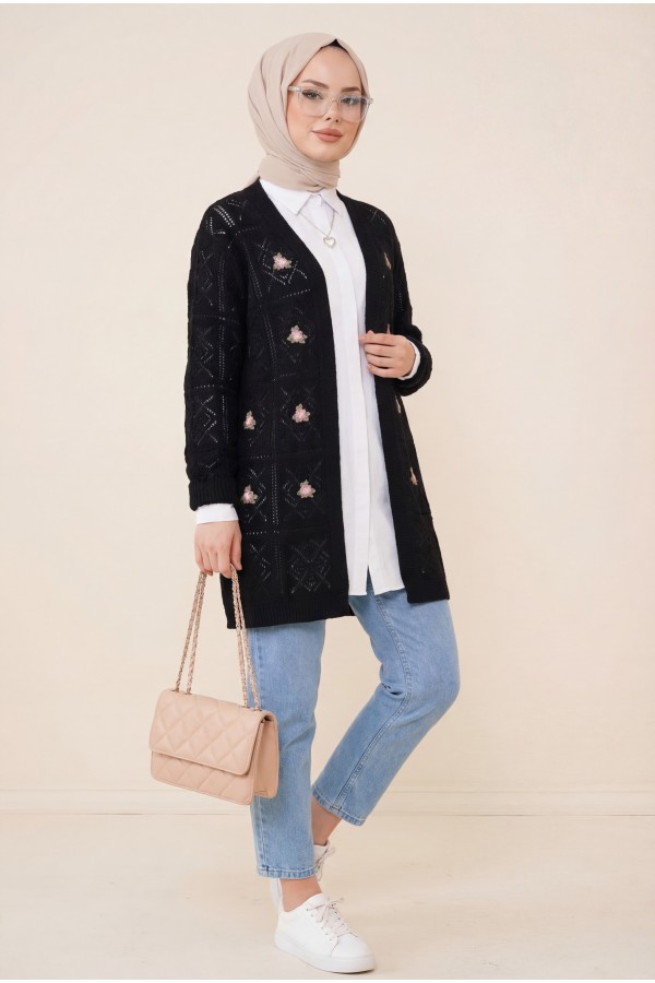 Openwork Embroidered Cardigan -Black