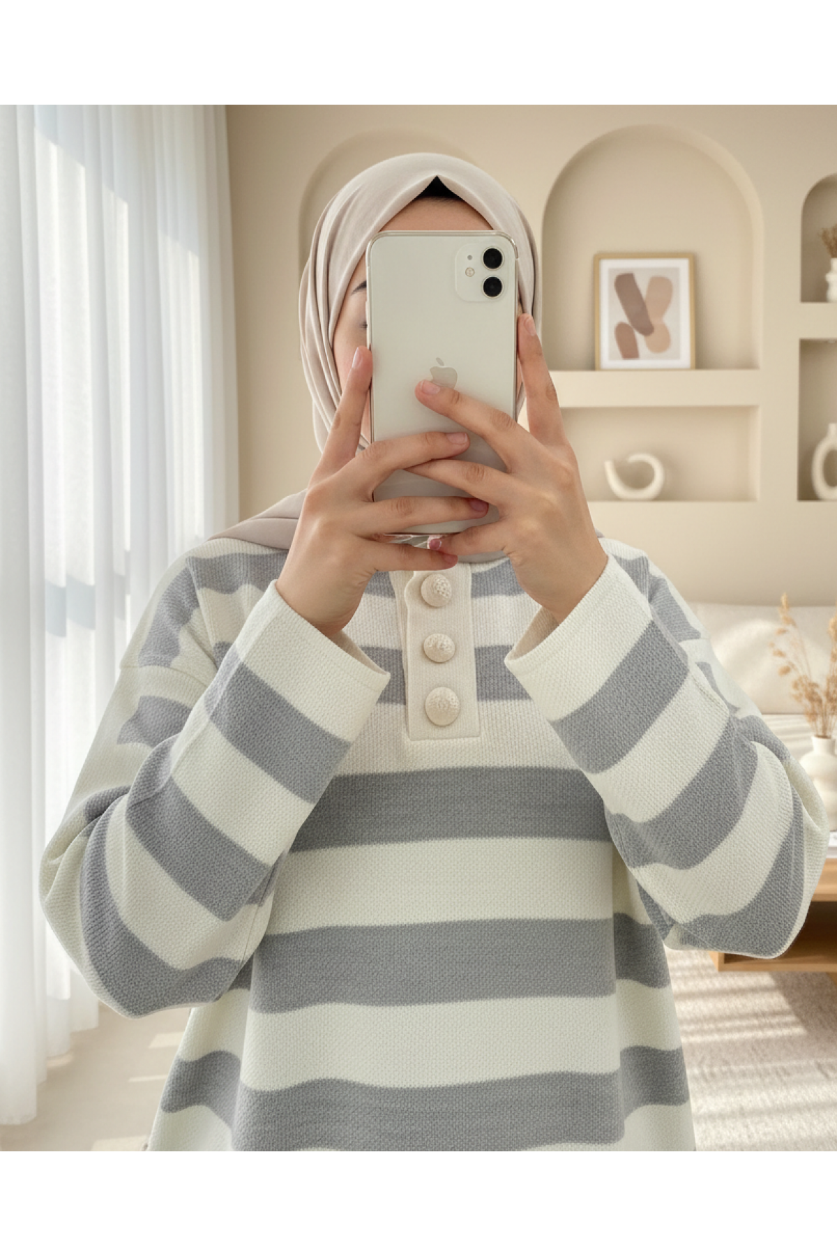 Half-Turtleneck Buttoned Collar Thick Striped Knitwear Suit -Grey