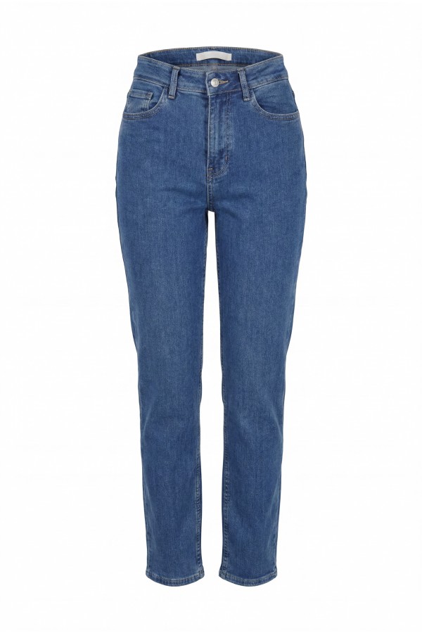 High-Waisted Straight-Leg Jeans with Pockets -Blue