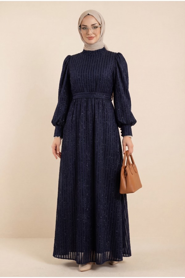 Elastic Sleeve Glitter Striped Belted Dress -Navy blue