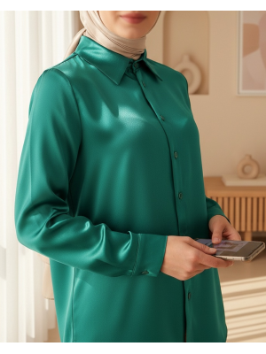 3964 Hafif Dökümlü Saten Gömlek - Koyu Yeşill