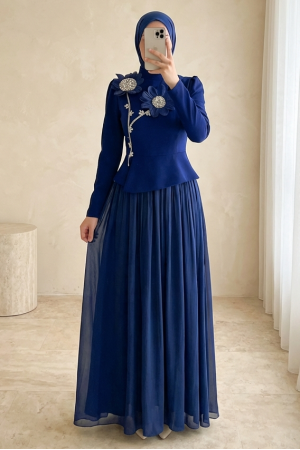 Daisy Detailed Pleated Skirted Stoned Dress -Saxe 