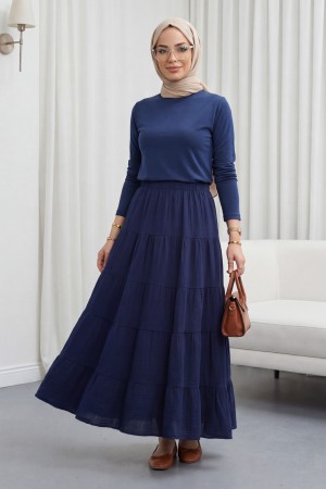 تنورة من قماش الموسلين المرقع بحزام خصر مطاطي -كحلي