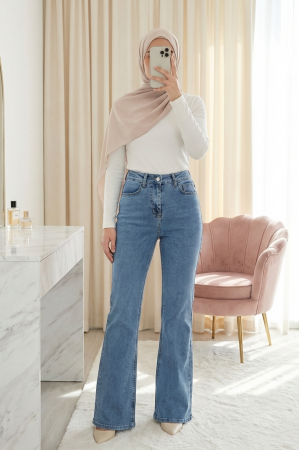 Cepli İspanyol Paça Likralı Fermuarlı Kot Pantolon -Buz Mavi