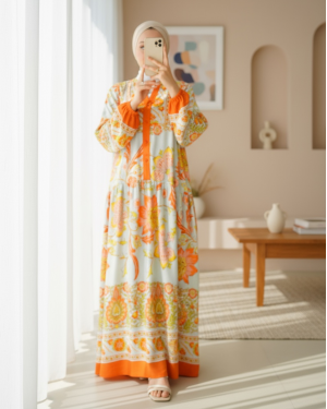 2423 Otantik Desenli Tesettür Elbise - Y.Turuncu