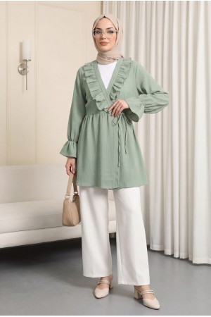 Önü Fırfırlı Bağlamalı Krinkıl Kimono -Mint