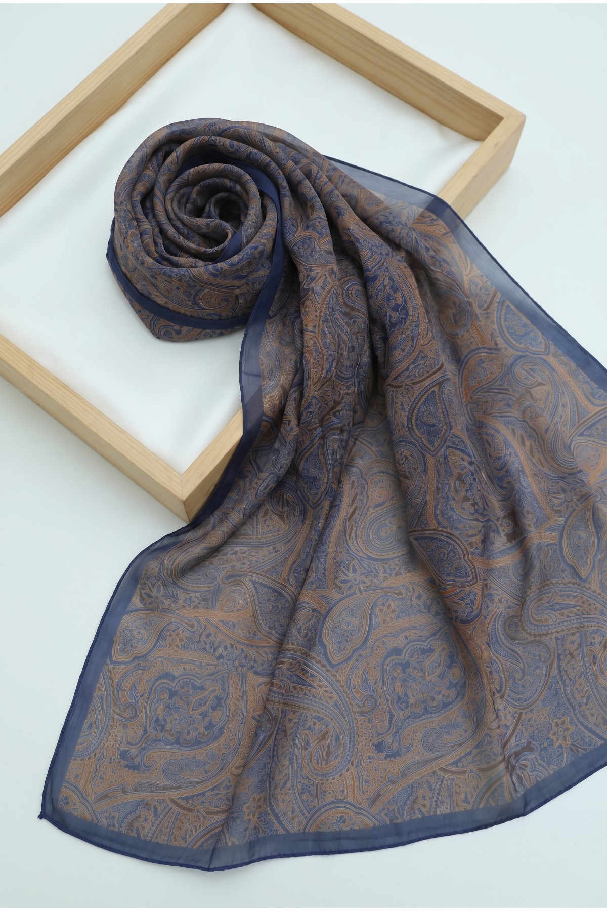 Traditional Floral Patterned Cotton Scarf -İndigo
