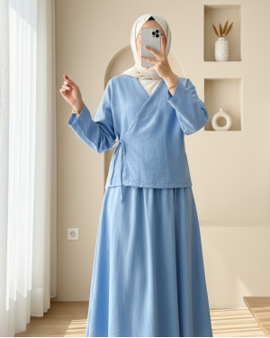 Linen Suit with Side Tie Skirt  -Light blue