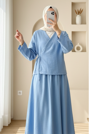 Yandan Bağlamalı Etekli Keten Takım   -Açık Mavi