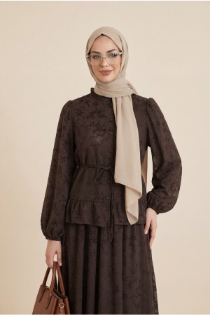 Yakası Fırfırlı Flok Baskı Astarlı Etekli Takım -Kahve