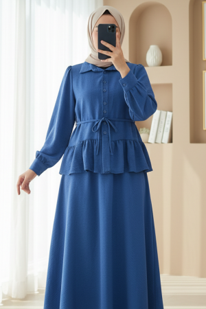 Parçalı Büzgülü Bluz Etekli Takım -İndigo