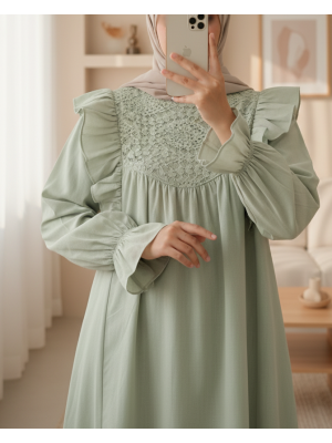Omuz Fırfırlı Robası Dantel İşlemeli Poplin Tunik     -Su Yeşili