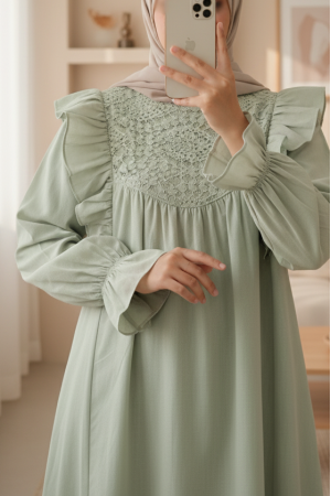 Omuz Fırfırlı Robası Dantel İşlemeli Poplin Tunik     -Su Yeşili