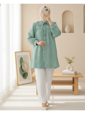 Üstü Taş Ve Boncuk Detaylı Çizgili Gömlek -Yeşil